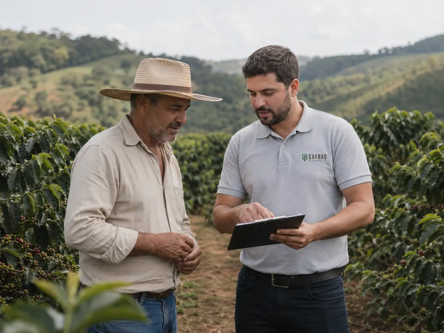 Consultor da Safras & Negócios com prancheta orientando produtor de café em lavoura nas montanhas