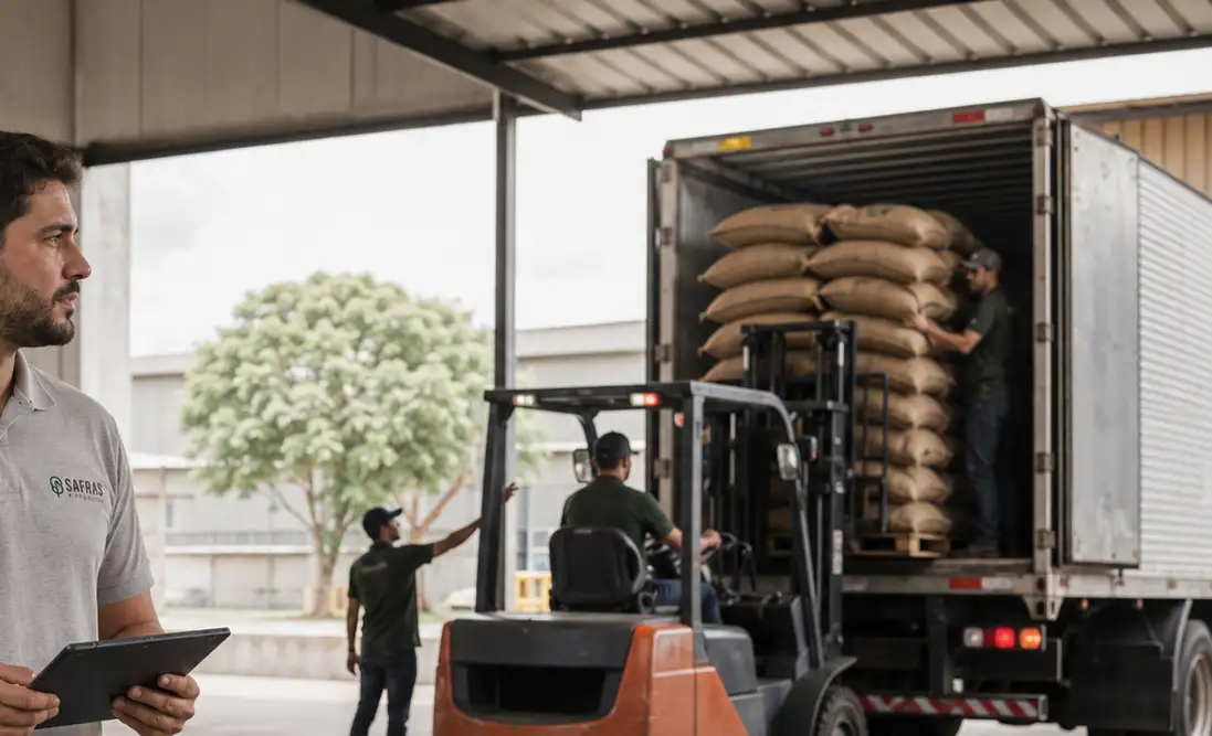 Equipe da Safras & Negócios supervisionando carregamento de sacas de café em caminhão com empilhadeira