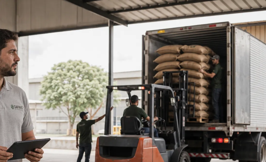 Equipe da Safras & Negócios supervisionando carregamento de sacas de café em caminhão com empilhadeira