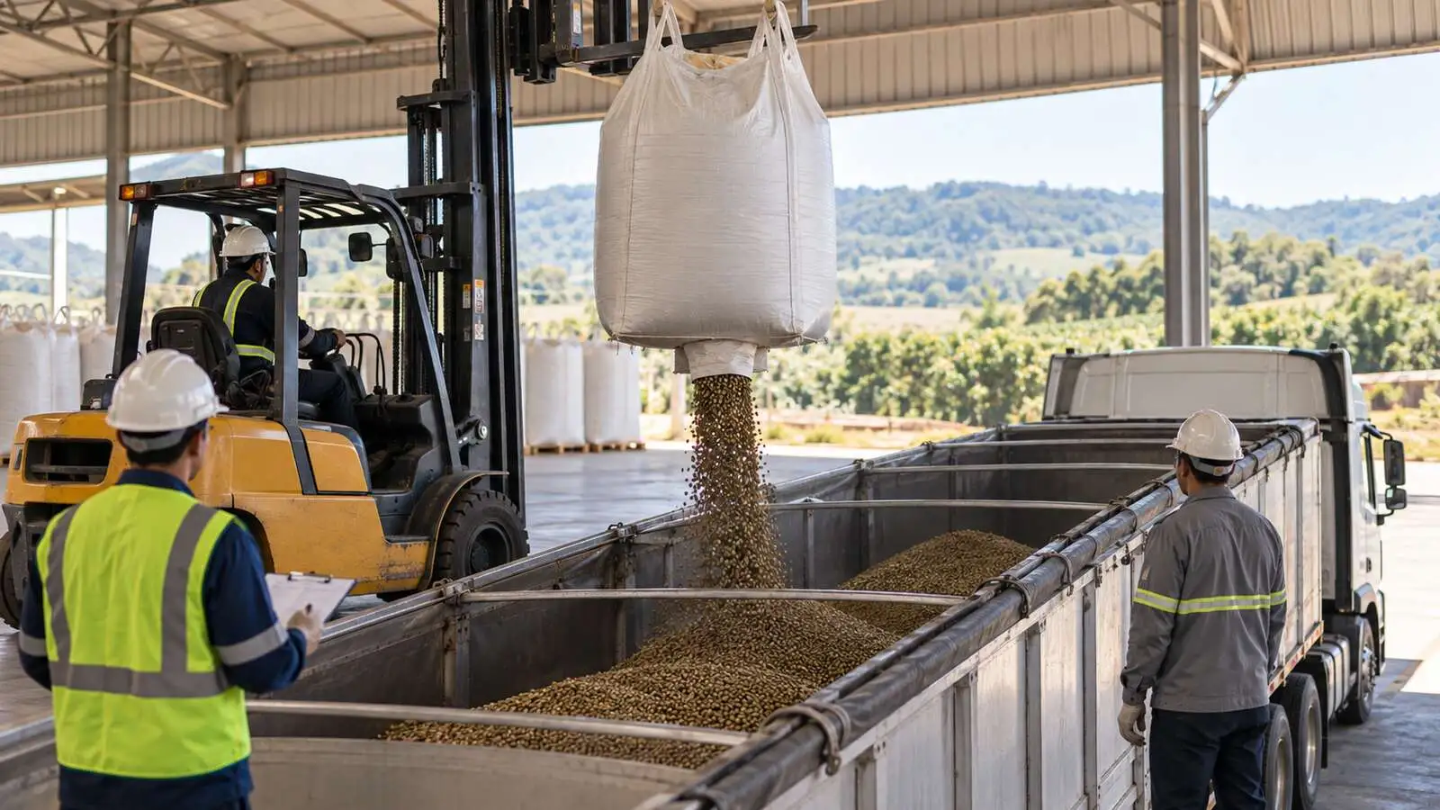 Empilhadeira despejando café verde de um big bag na carroceria de um caminhão, com equipe acompanhando o carregamento